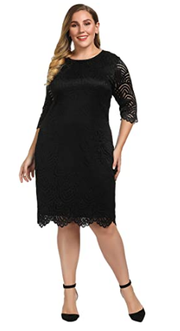 Plus Size Lace Shift Dress Knee Length with Scalloped Hem and Cuff