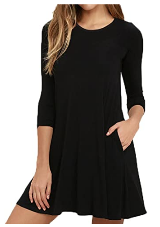 Round Neck 3-4 Sleeves A-line Casual Tshirt Dress with Pocket