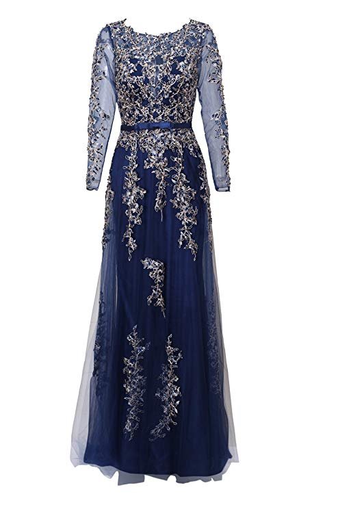 Illusion Long Sleeve Embroidery Prom Formal Dress